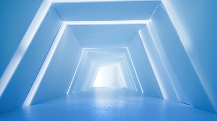Abstract Light Blue Background Featuring a Long Corridor with Glowing Lights and Soft Shadows: Minimalist Design in Cool Colors with Sharp Focus in Professional High-Resolution Photography