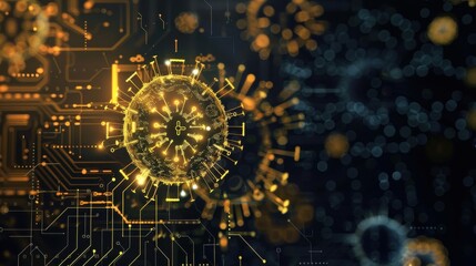 Virus icon, gold password entry field, network diagram, front view, indicates critical security, advanced tone, triadic color scheme