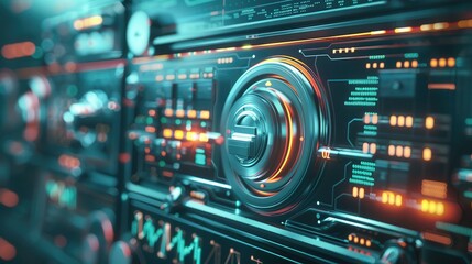 Obraz premium Digital lock, silver system monitoring interface, data analysis chart, side view, conveys data integrity, robotic tone, splitcomplementary color scheme