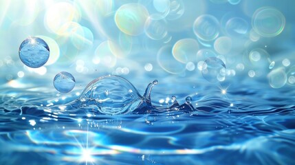 Abstract summer background featuring clear blue water surface with lively splashing ripples and sparkling soap bubbles.
