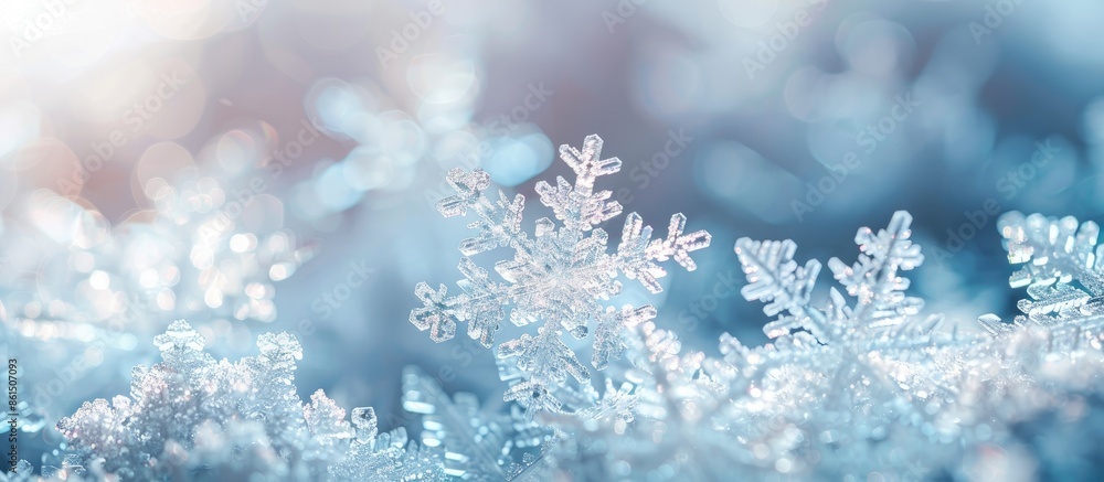 Poster Close-up snowy white texture of winter snowflakes for design on a toned picture background with copy space image.