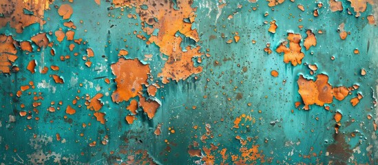 Corroded metal with a rusty turquoise texture forms a grungy old background, featuring orange damage spots, ideal for text or logos with copy space image.