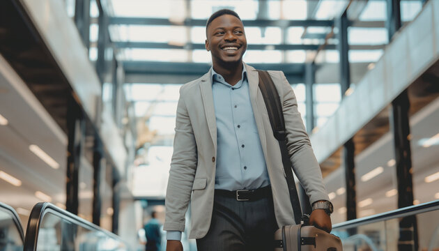 A cheerful businessman with a briefcase walks through an airport, exuding confidence and readiness for new business ventures and professional growth