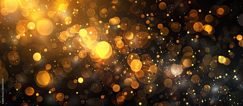 Aufkleber Celebrate with an abstract bokeh background in dark black and warm yellow tones, featuring glittering sparkles and a defocused, festive backdrop with copy space image.