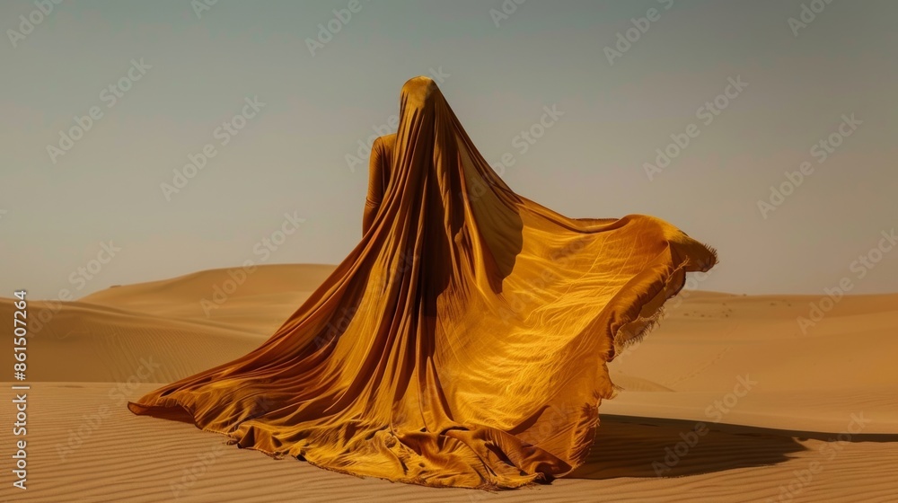 Poster the soft folds of a velvet cloak sway gently in the desert breeze creating a mesmerizing visual spec