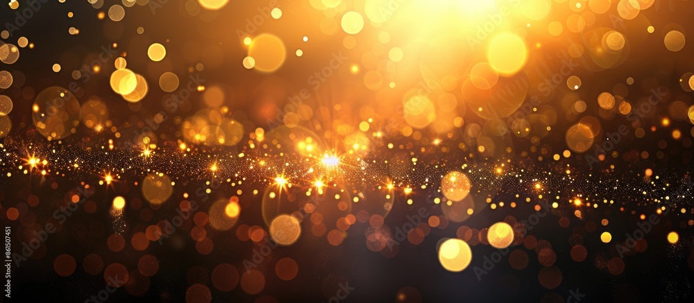 Poster abstract blurred golden light banner with glitter spots on black backdrop, ideal for festive themes 