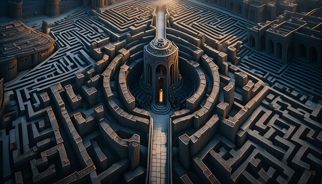 Dark ancient old volcanic labyrinth made of volcanic black stone monoliths. 