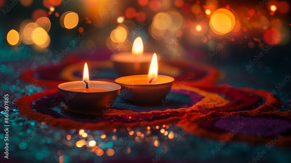 Aufkleber three brightly lit candles placed on a colorful, textured background with a beautiful bokeh effect, 