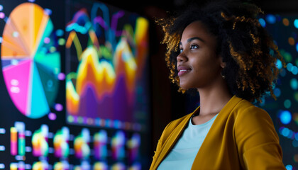 A poised woman gazes thoughtfully at dynamic charts and graphs, showcasing her analytical prowess and leadership in a high-tech, data-driven environment