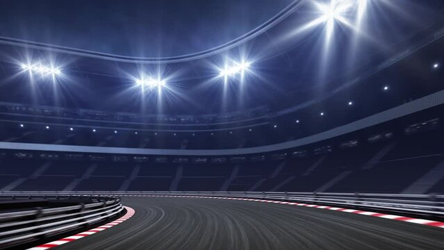 Sports racing stadium at night and fast ride on race track. Professional 4k video as sports background.