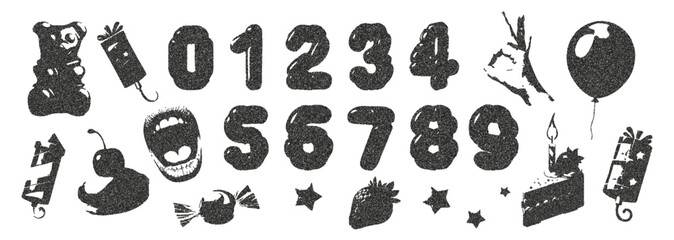 Trendy set of holiday items with a retro photocopy effect. Mouth, hand, cupcake, numbers, firecrackers, confetti, star, strawberry, cherry in halftone tones for the design of collages, Y2K banners.