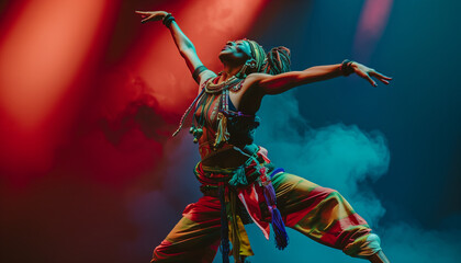 A dynamic dancer performing on stage under colorful lights capturing the energy and passion of dance perfect for performance and art themes
