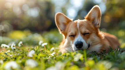 A Welsh Corgi Napping in a Field of Flowers on a Sunny Day