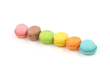 Sweet colorful macarons isolated on white background. Tasty colourful macaroons.