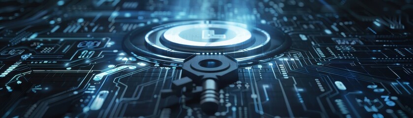 Security key, threat detection symbol, firewall interface, top view, signifies secure threat prevention, scifi tone, monochromatic color scheme