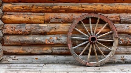 Obraz premium Rustic wooden wagon wheel against a log cabin wall