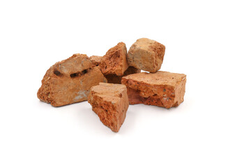 Solid clay bricks used for construction,Old red brick isolated on white background. Shattered bricks isolated.