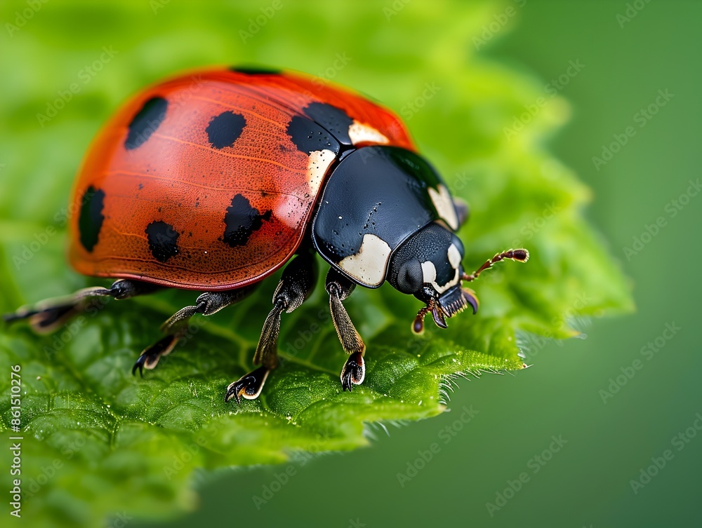 Poster macro view of a ladybug with visible spots and tiny legs on a green leaf