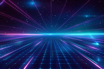 Retro 80s video game background with grid of blue light streaking in space