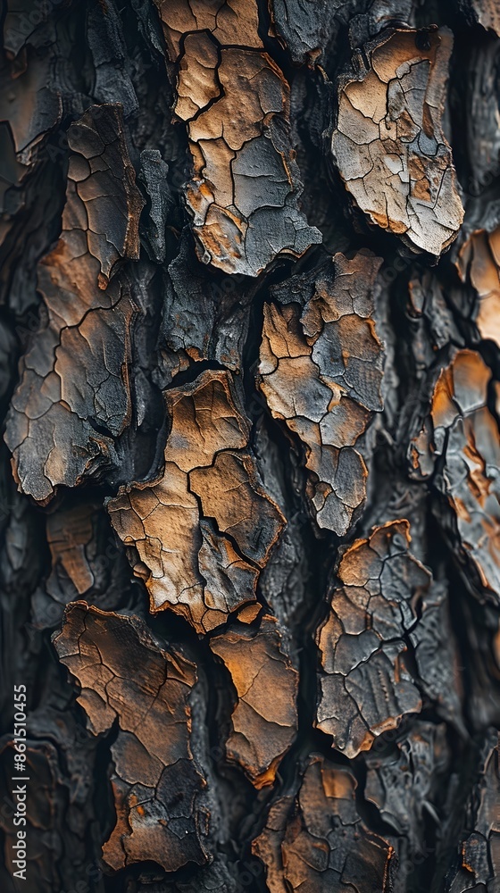 Poster detailed macro shot of rugged tree bark texture with deep grooves and patterns