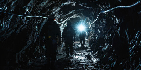 Fototapeta premium Silhouetted miners walking through a dark tunnel with headlamps
