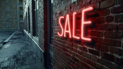 Red neon sale sign on brick wall in city alleyway