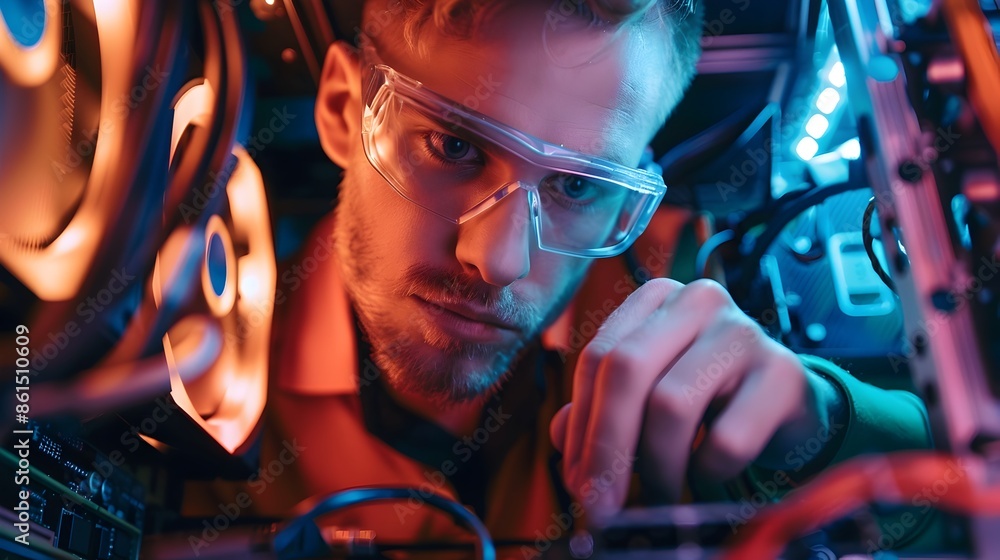 Poster worker assembling custom built bitcoin mining rig with new gpus