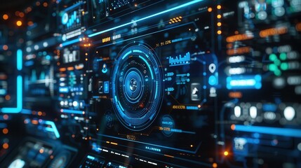 Fototapeta premium Digital lock, blue system monitoring interface, data analysis chart, front view, highlights data protection, technology tone, complementary color scheme