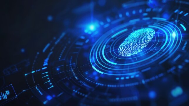 Lock icon, blue fingerprint scan, digital analytics graph, front view, highlights biometric security, technology tone, complementary color scheme