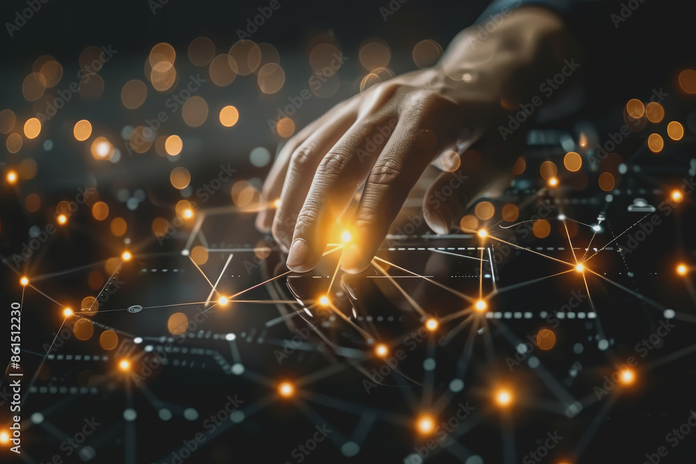 Poster abstract background of technology with touching hands of a businessman.