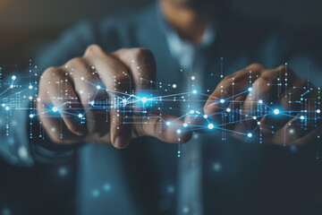 Abstract background of technology with touching hands of a businessman.