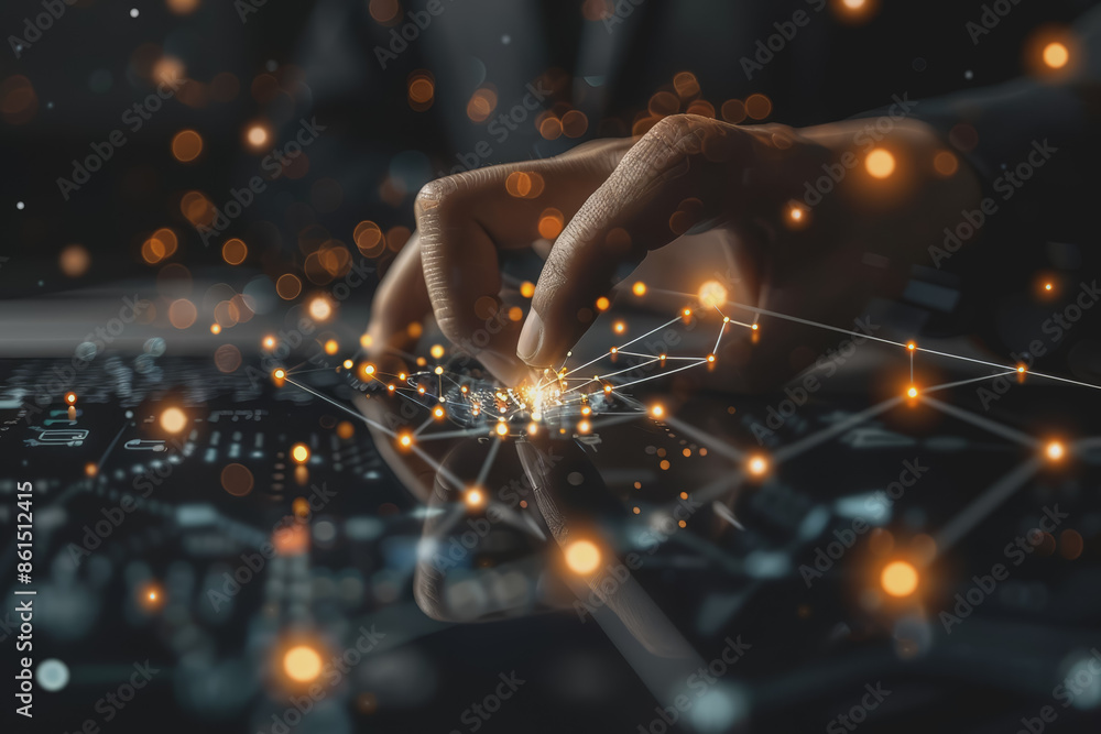 Poster abstract background of technology with touching hands of a businessman.