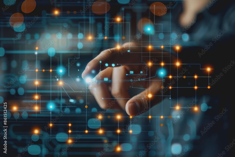 Poster abstract background of technology with touching hands of a businessman.