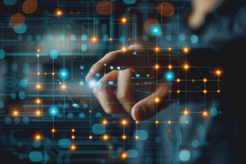 Fototapeta premium Abstract background of technology with touching hands of a businessman.