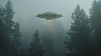 Illuminated UFO hovering above misty pine forest. Extraterrestrial spacecraft emitting beam of light through fog. Mysterious alien encounter in eerie woodland. Visitation with glowing flying saucer