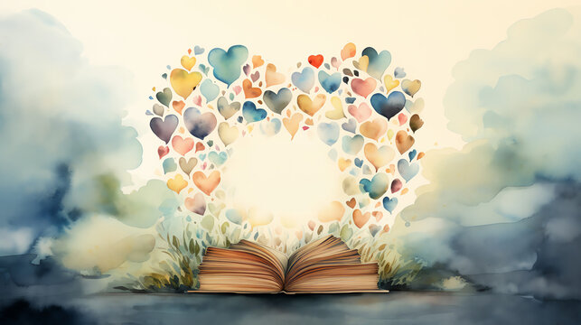 Watercolor painting of a heart shape formed by colorful hearts above an open book with the words "Laik ett gapoutly perkt"