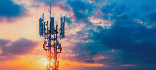 Telecommunication tower silhouette at sunset