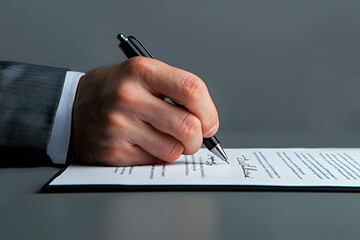 A vibrant photo of a businessman signing a contract with a handshake against a solid grey background