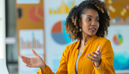 A professional businesswoman in a yellow blazer presenting data in a modern office with charts behind her emphasizing effective communication and confidence