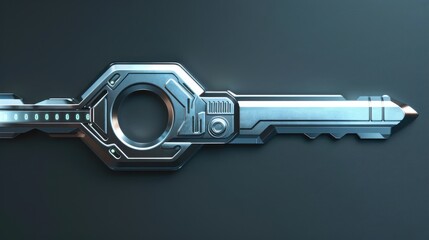 Security key, silver threat detection symbol, firewall interface, side view, conveys digital defense, robotic tone, splitcomplementary color scheme