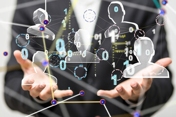 holding 3D rendering group of blue people