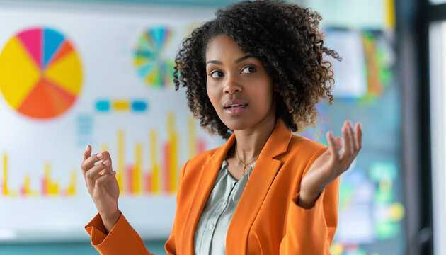 A confident businesswoman in an orange blazer presenting data in an office setting with charts in the background emphasizing professionalism and leadership