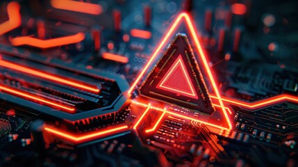 Data server, red warning triangle, circuit board background, front view, highlights critical error, technology tone, complementary color scheme
