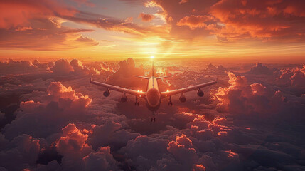 An airplane soars above a sea of clouds during sunset, with vibrant orange and purple hues in the sky