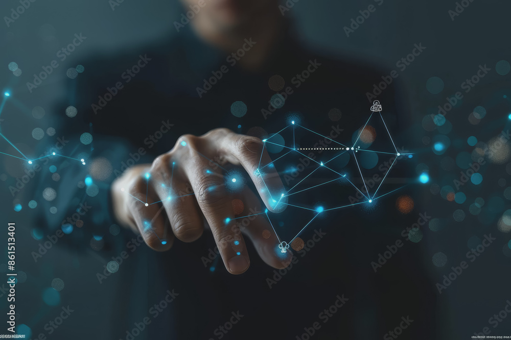 Poster abstract background of technology with touching hands of a businessman.