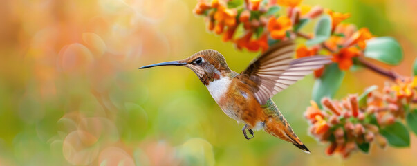 Fototapeta premium A hummingbird hovers in mid-air with its long, thin beak is extended towards a flower