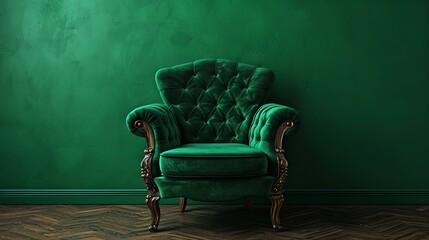  Vintage green velvet chair against matching wall.