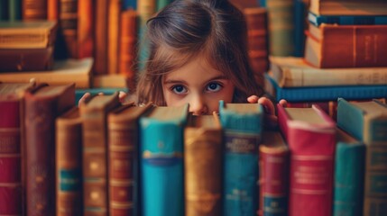 Close up of attractive child reading a book while looking at camera. Elementary student holding fairy tale novel book or bedtime stories surrounded by various book. Creative activity concept. AIG42. © InfiniteFlow