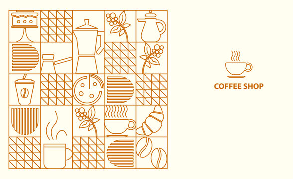 Web banner. Hand drawn illustration. Organic fruit, vegetable, fish, seafood, coffee and bakery geometric pattern. Abstract geometric line background. Gold luxury Healthy Food pattern
