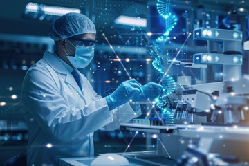 Laboratory scene with a scientist conducting DNA research using advanced equipment
